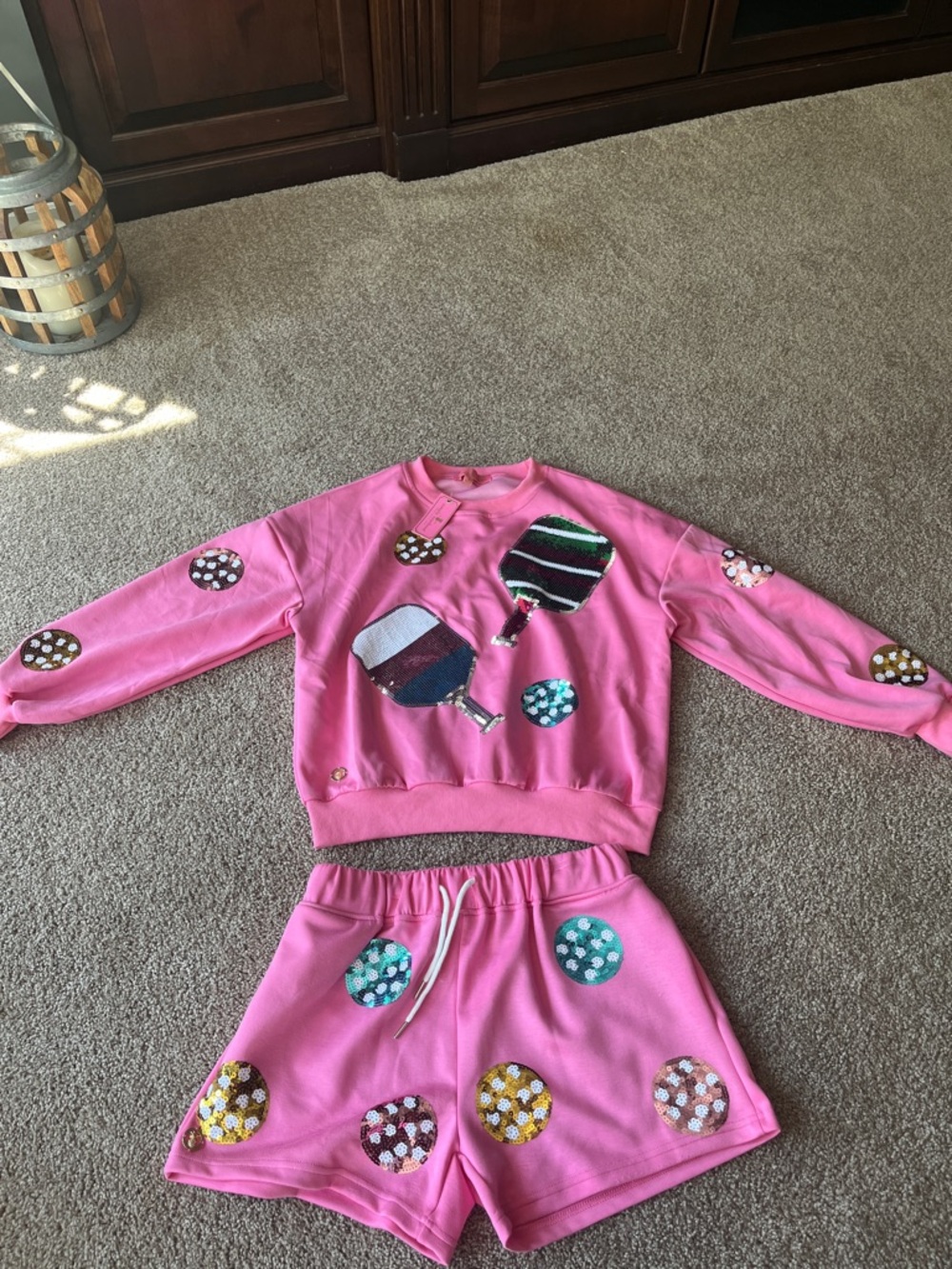 Simply Southern Pink Sequin Pickle Ball Patch Sweater & Shorts Set